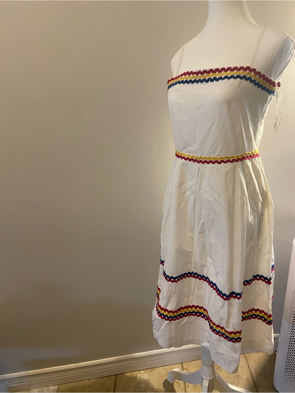 Simons White Midi Dress with Red, Blue & Yellow Trim